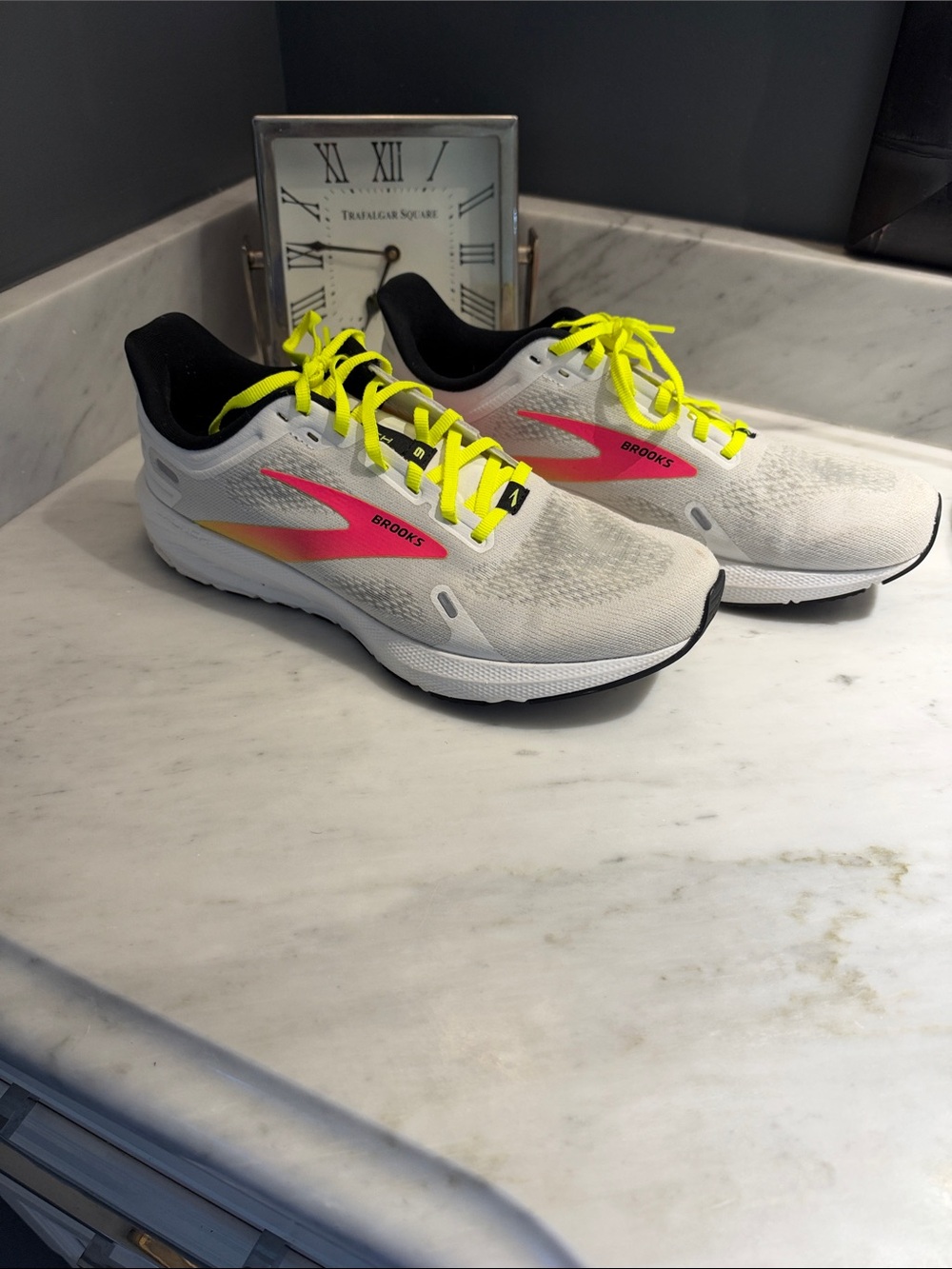 Brooks Men’s White Running Shoes with Neon Yellow Laces and Pink Logo